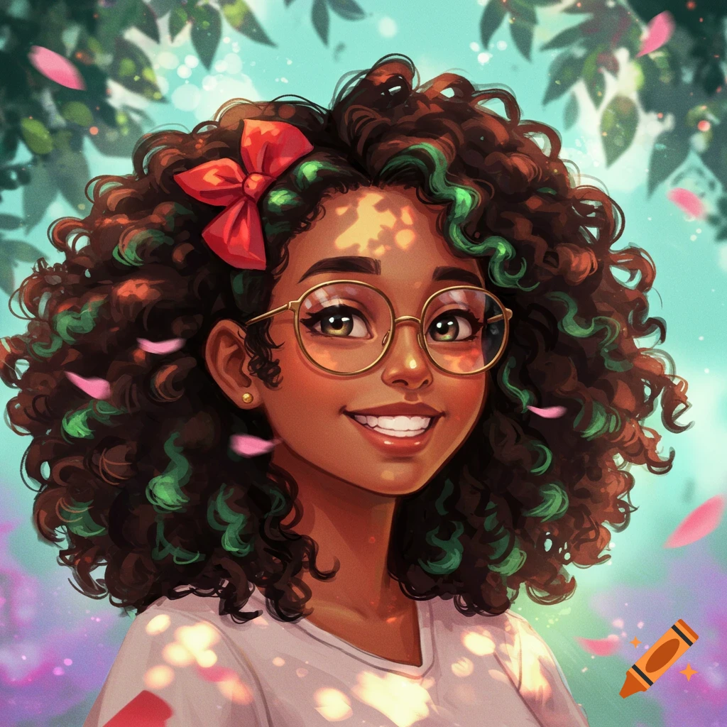 Digital illustration of a smiling dark-skinned woman with green highlights, glasses, and a red bow in her curly hair.