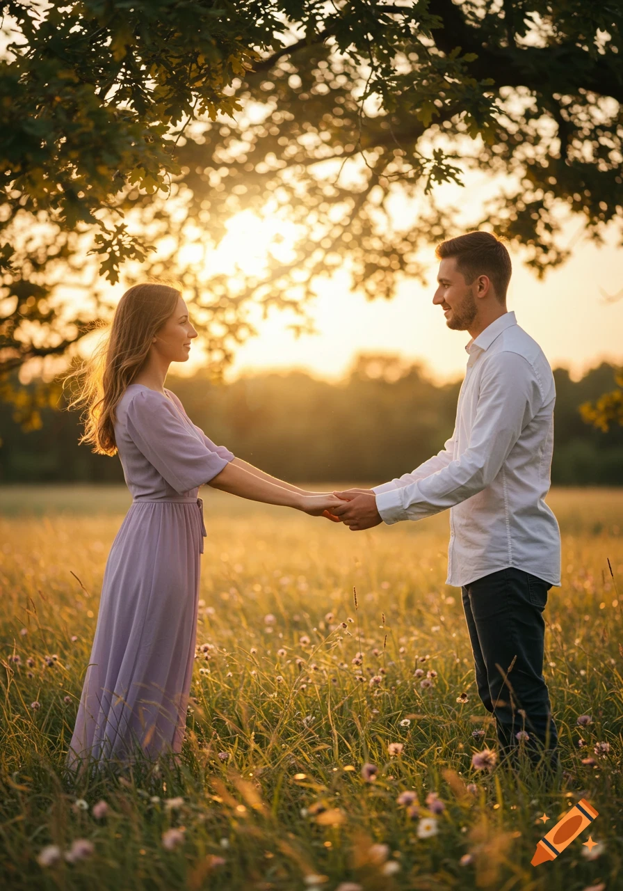 A couple holding hands in a golden sunlit field at sunset, framed by tree leaves, in a photorealistic style.