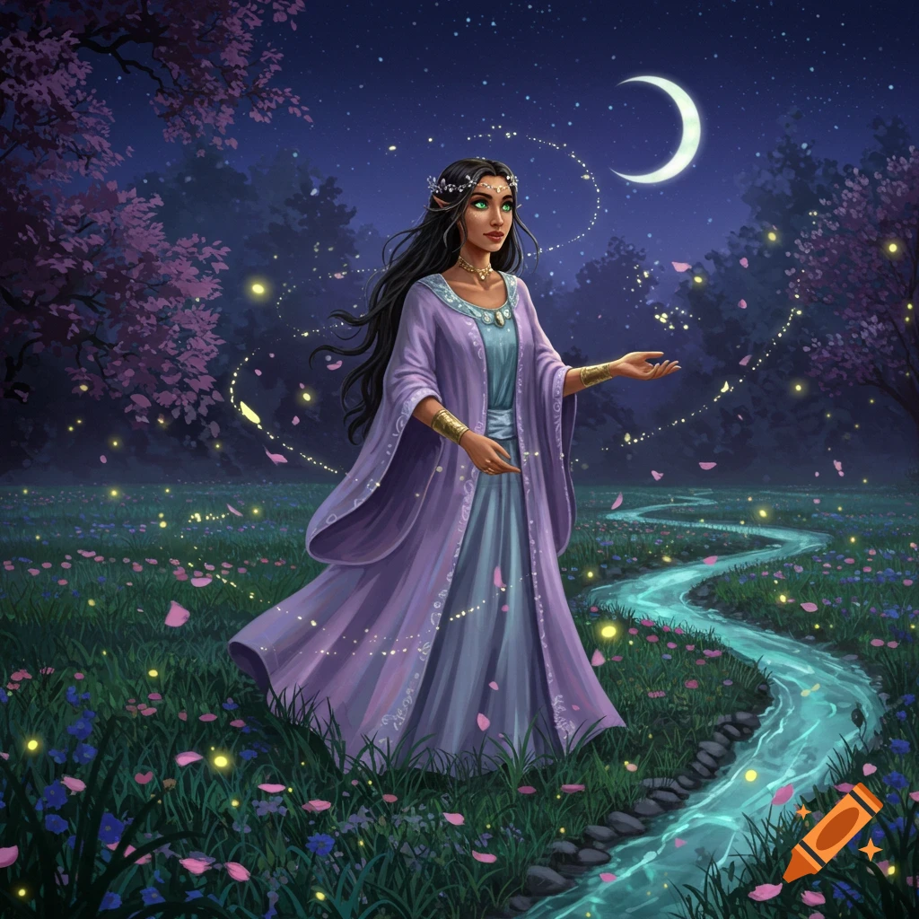 An elf-like woman in a purple robe stands in a magical moonlit forest with a glowing stream and fireflies, digital painting.