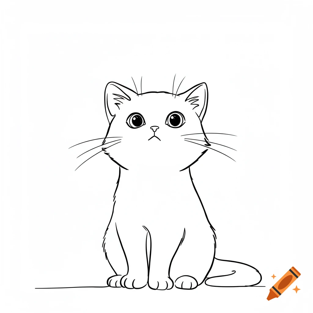 A simple line art drawing of a cute cat with large eyes looking up, sitting against a white background.