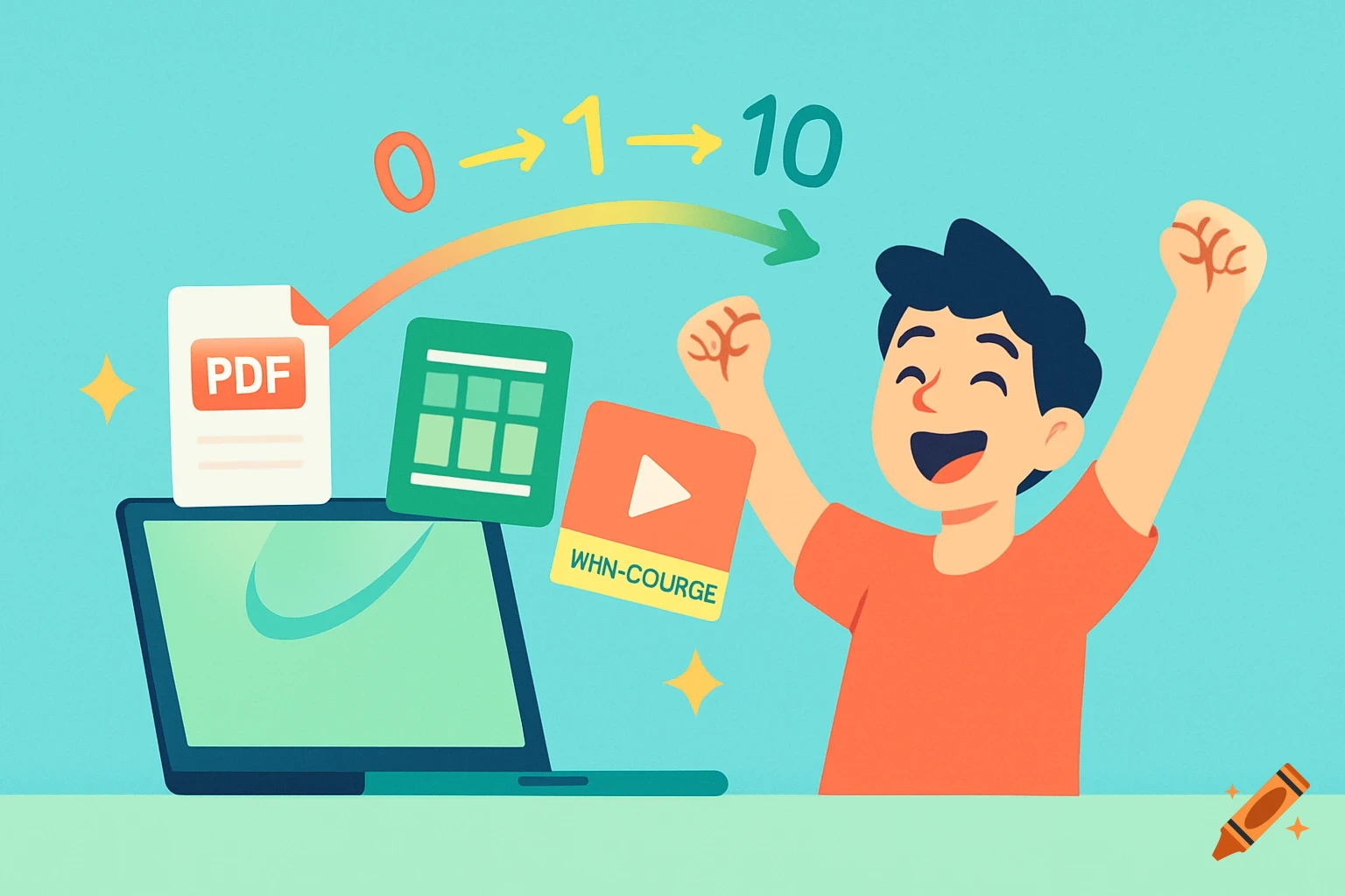 A happy person with raised arms celebrates next to a laptop with floating digital file icons (PDF, spreadsheet, video) and a 0 "to" 1 "to" 10 flow in a flat, modern illustration style.