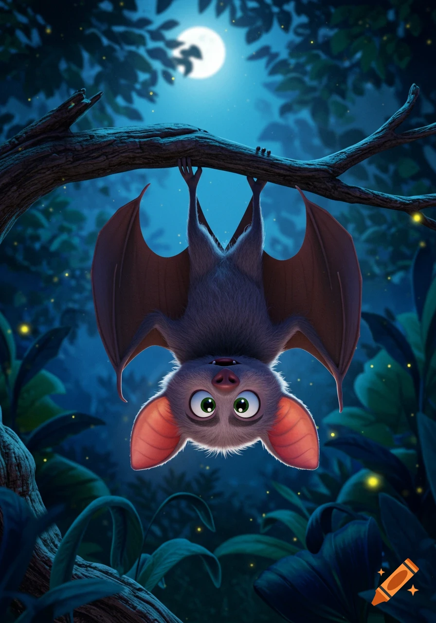 A cute, fluffy cartoon bat with large green eyes hangs upside down from a tree branch in a moonlit forest, with glowing fireflies.