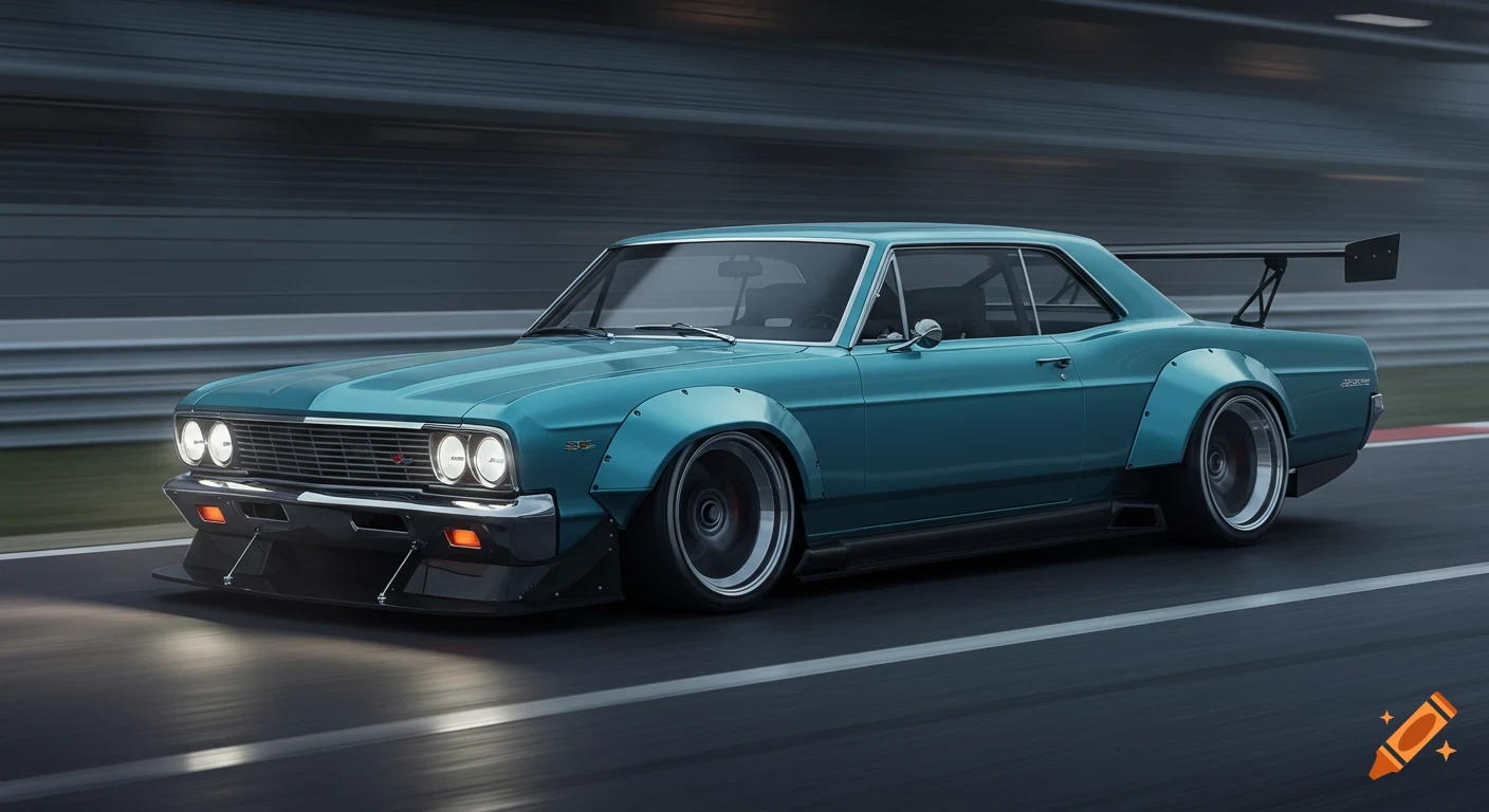 Teal custom widebody muscle car with a large spoiler speeding on a racetrack.