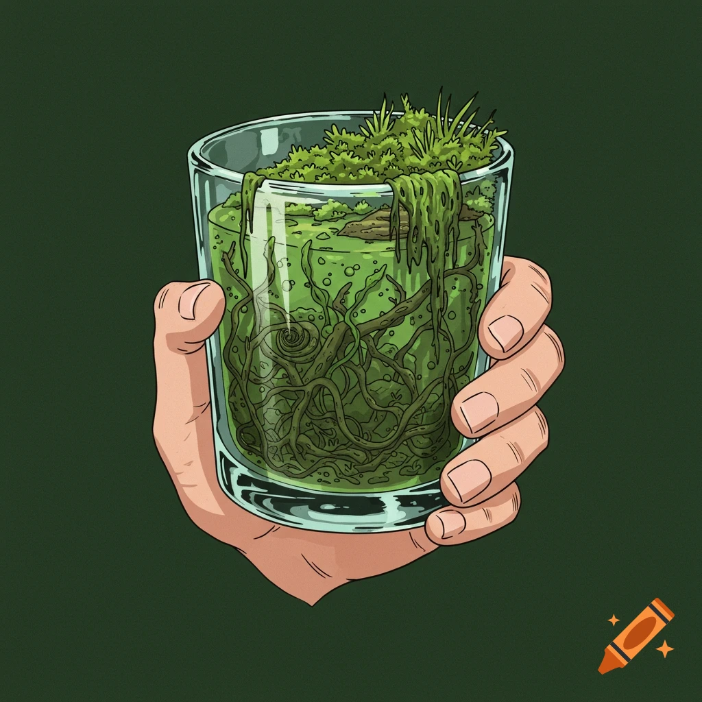 A 90s anime style digital illustration of a hand holding a glass filled with murky swamp water, roots, moss, and dirt.