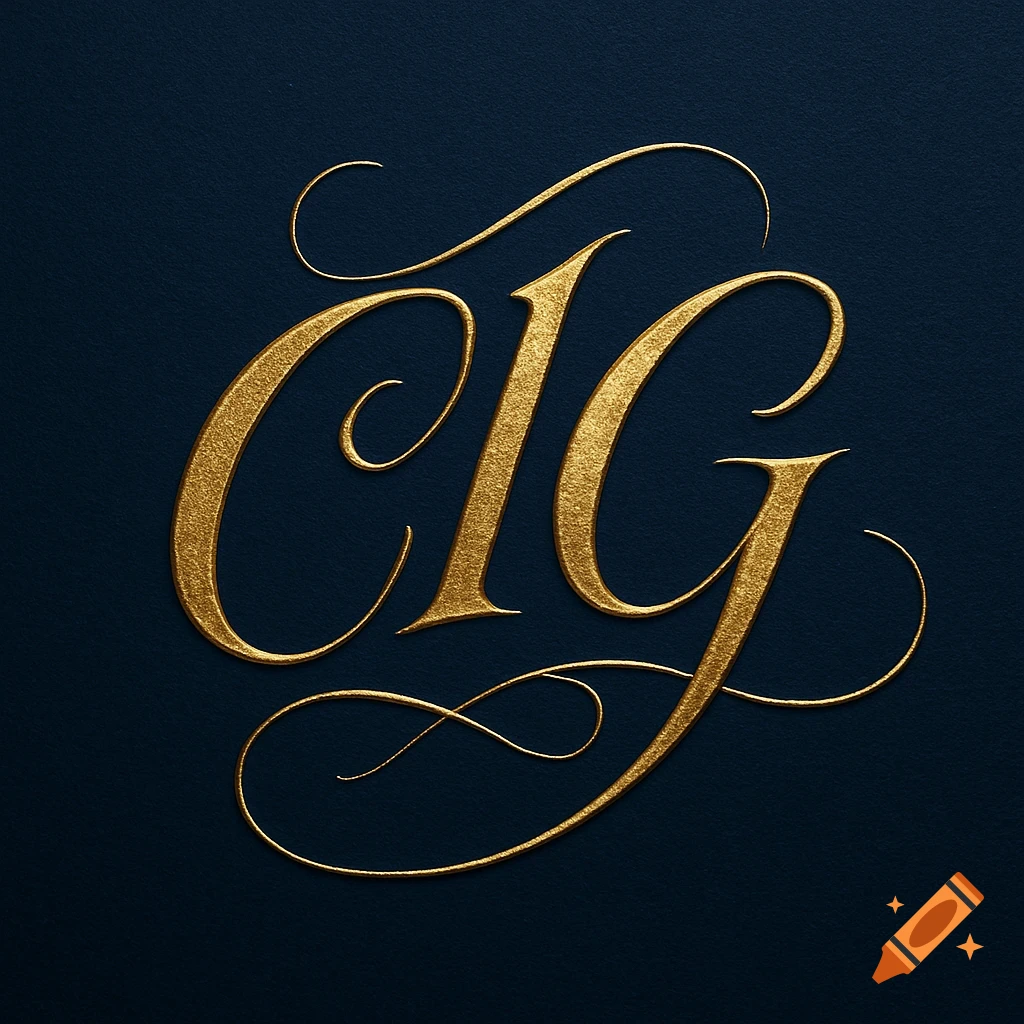 Golden embossed monogram 'CIG' with elegant flourishes on a dark blue textured background.