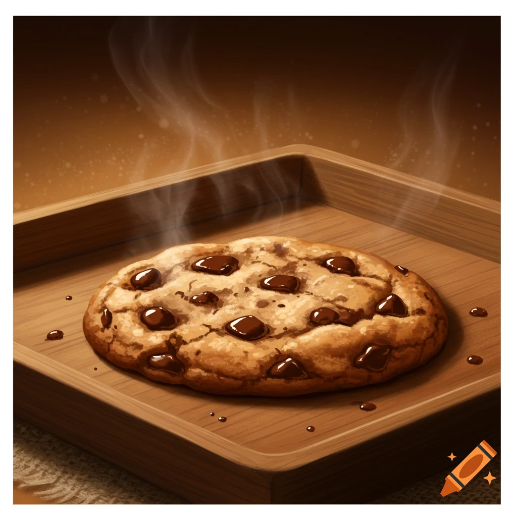 A warm chocolate chip cookie with melting chips and rising steam, resting on a rustic wooden tray.
