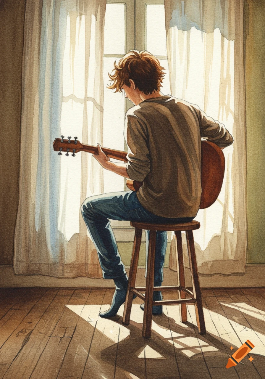 A young man seen from behind playing a guitar while sitting on a stool by a sunlit window, in a watercolor style.