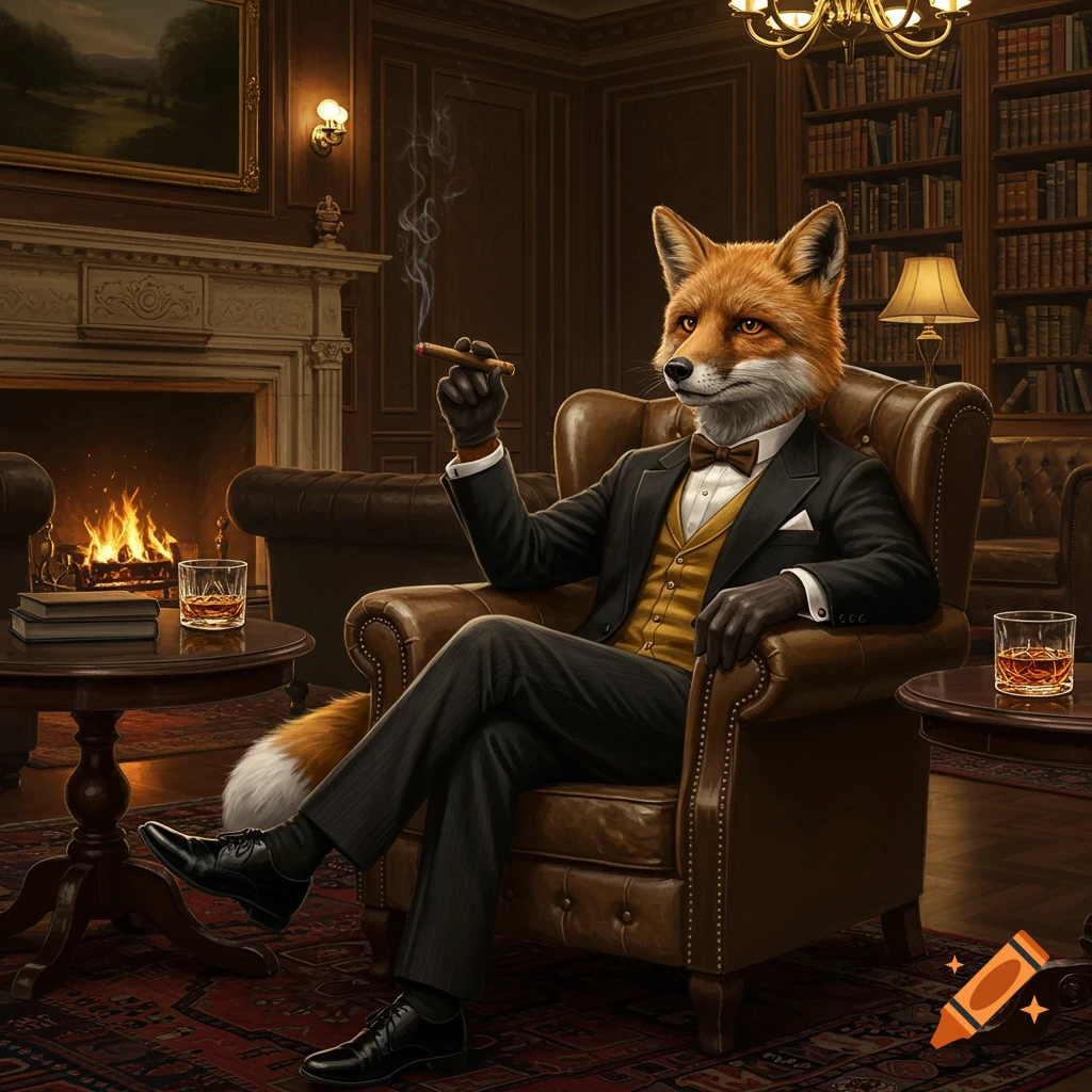 A hyper-realistic oil painting of an anthropomorphic fox in a tuxedo and waistcoat, smoking a cigar in a luxurious library lounge.
