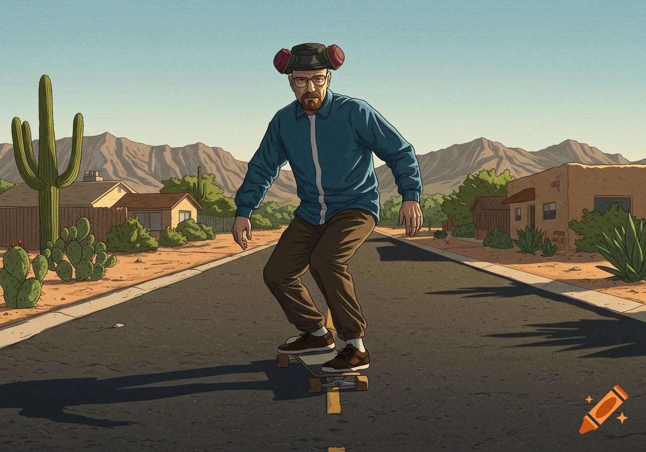 Cartoon illustration of Walter White skateboarding down a desert street with cacti, houses, and mountains in the background.