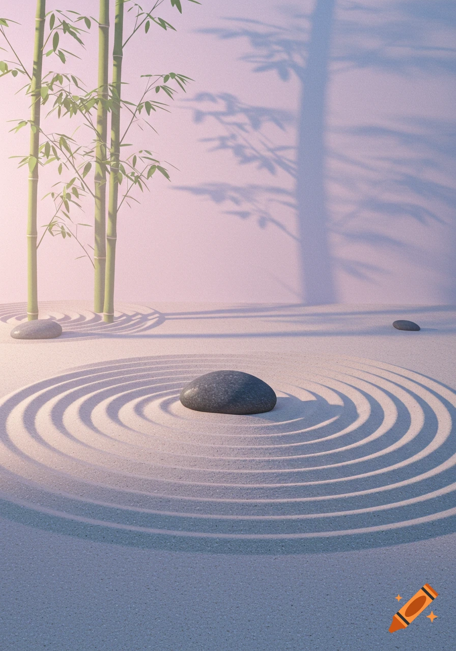 A serene Zen rock garden with raked sand patterns, smooth dark stones, and bamboo stalks casting shadows on a pink wall.