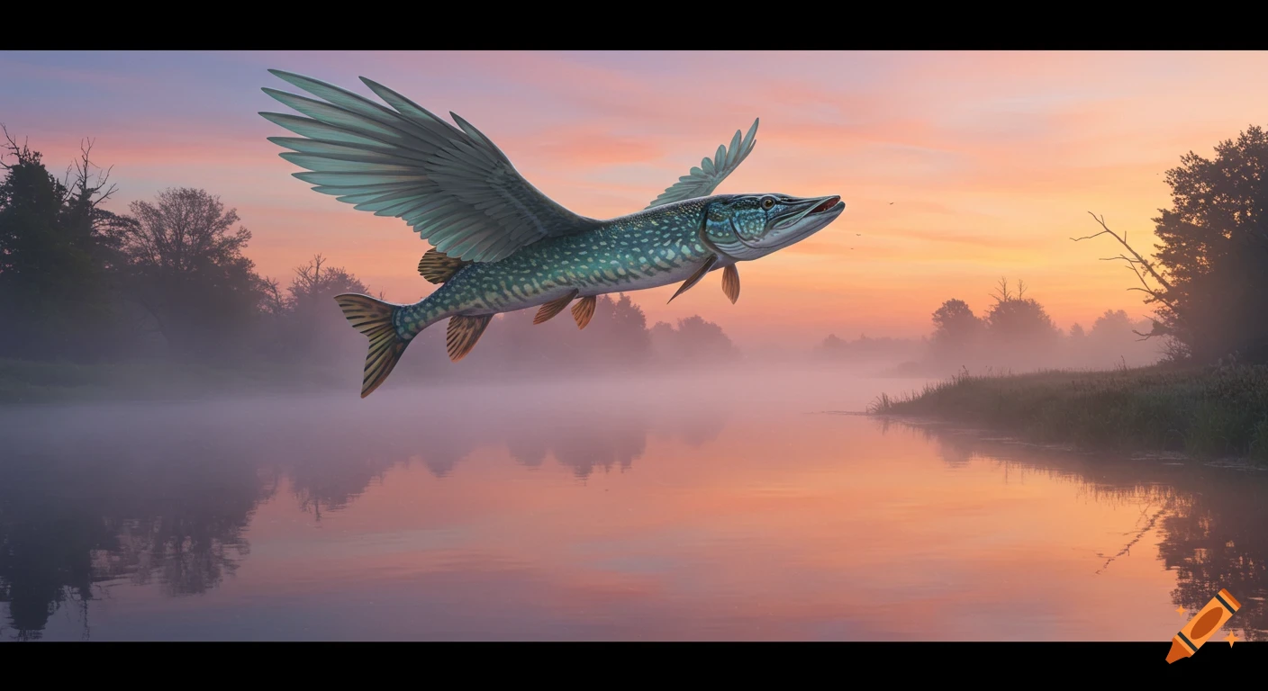 A winged pike flies gracefully over a misty river at sunrise, casting warm reflections on the water.