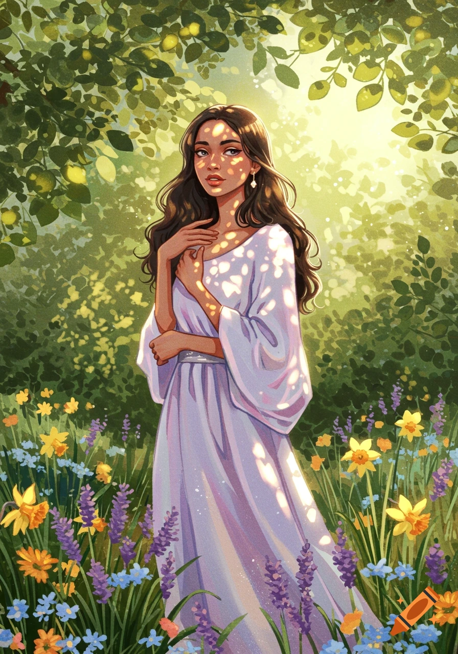 An illustration of a young woman with long dark hair, wearing a lavender dress, standing in a sunlit wildflower garden with daffodils and lavender.