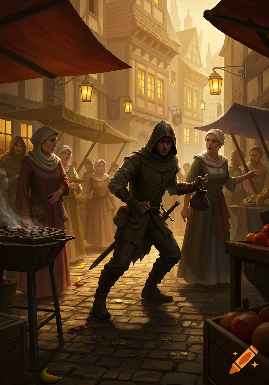 A hooded thief sneaks through a bustling medieval market street at dusk, holding a stolen coin purse while coins scatter on the ground.