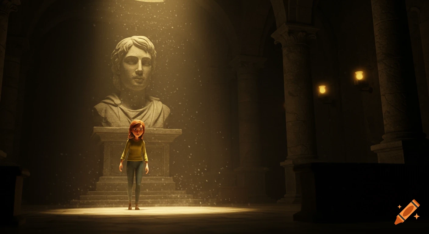A Pixar-style 3D scene of a young woman in a dark hall, illuminated by a spotlight, approaching a large stone bust.