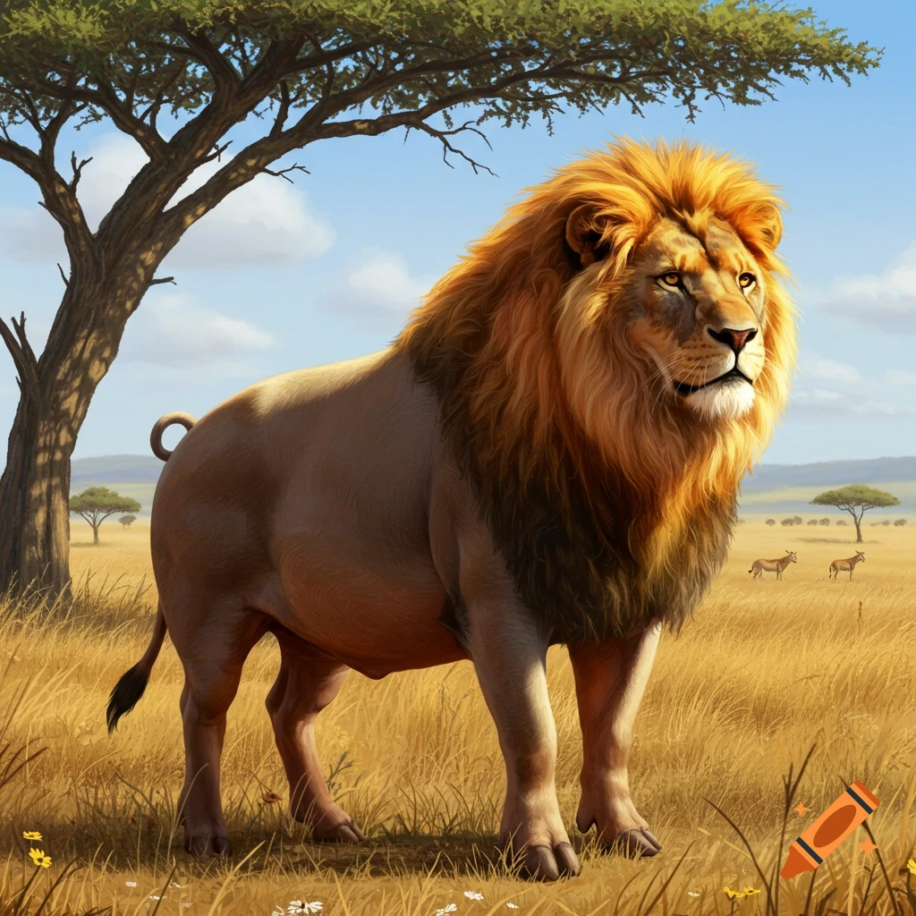 A fantasy creature with a lion's head and mane on a stout, pig-like body stands in a sunny savanna landscape under a tree.