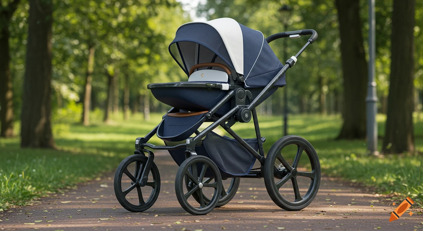 A sleek, navy and white jogging stroller with large carbon wheels on a park path lined with green trees.