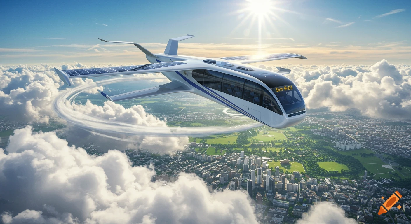A photorealistic futuristic flying bus with solar wings glides through clouds over a vibrant city, sun shining brightly.
