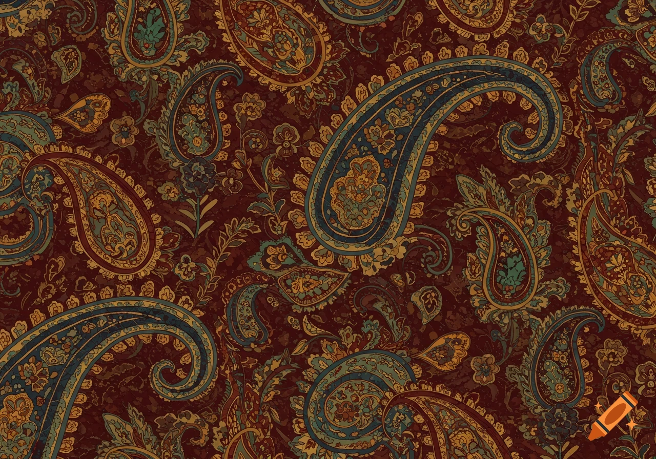 Ornate paisley pattern in shades of maroon, gold, and teal.