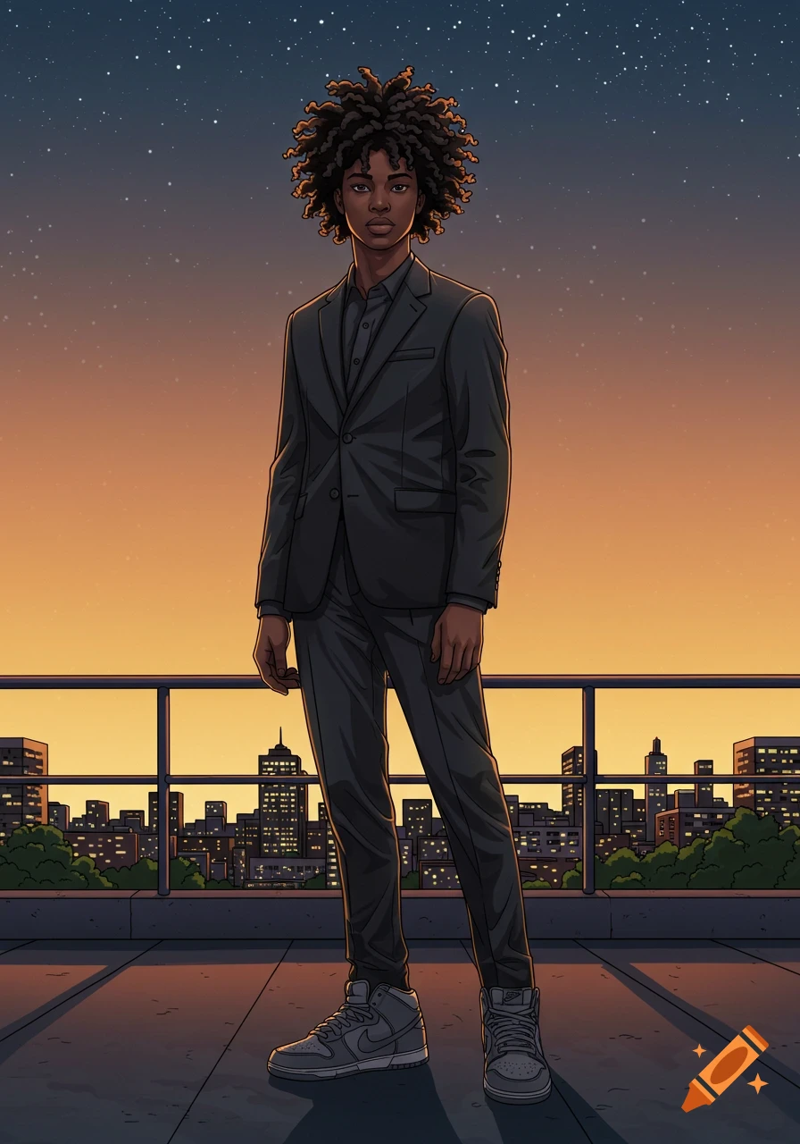 A stylized young Black man with curly hair in a suit and Nike dunks stands on a rooftop overlooking a city at sunset.