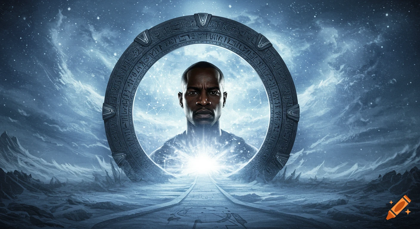 A man's serious face looks through a glowing Stargate portal, with an alien landscape and starry sky behind him. He has dark skin and a shaved head, centered in the ring.