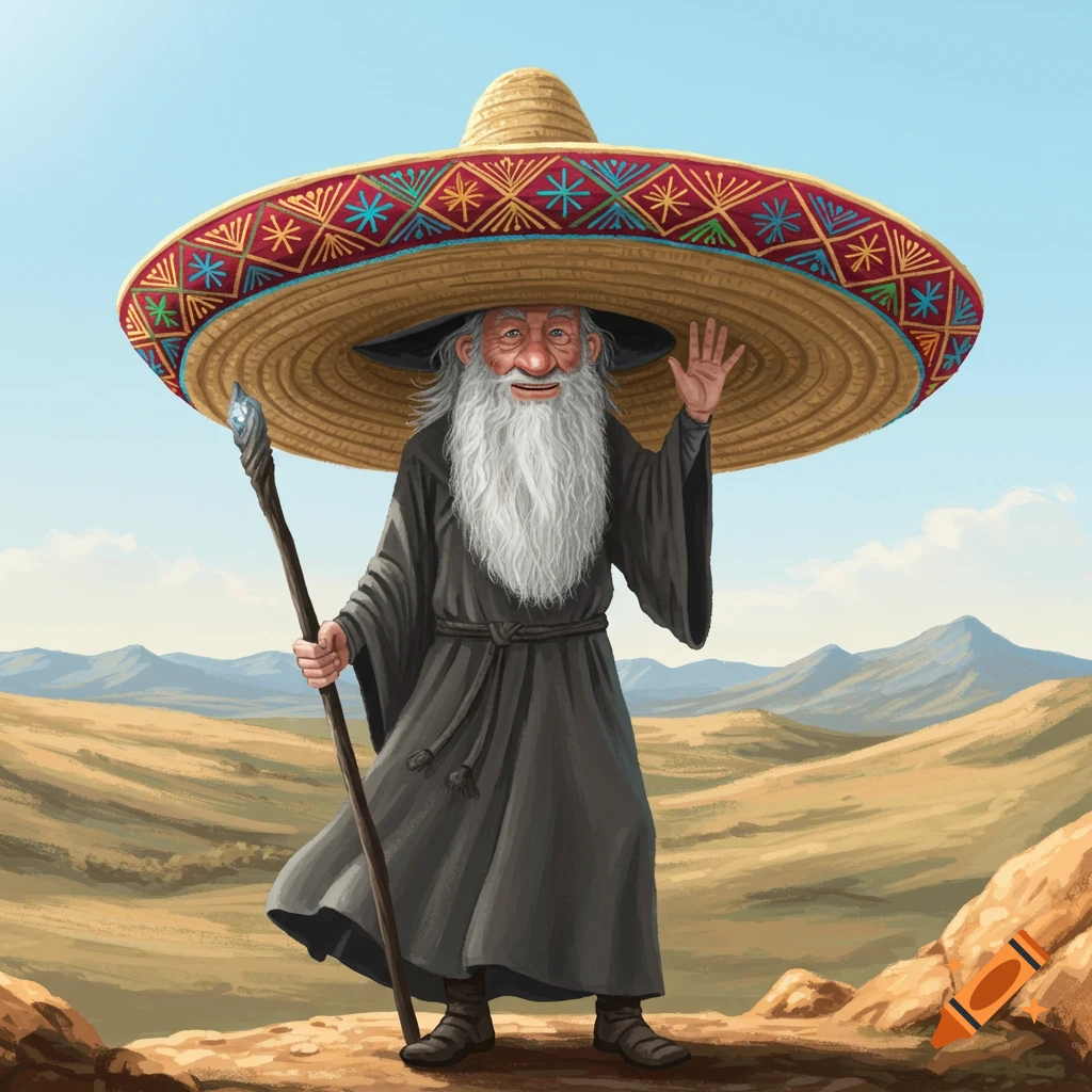 Gandalf the wizard with a long white beard and black robes wears a large, colorful sombrero and waves while standing in a desert with a staff.