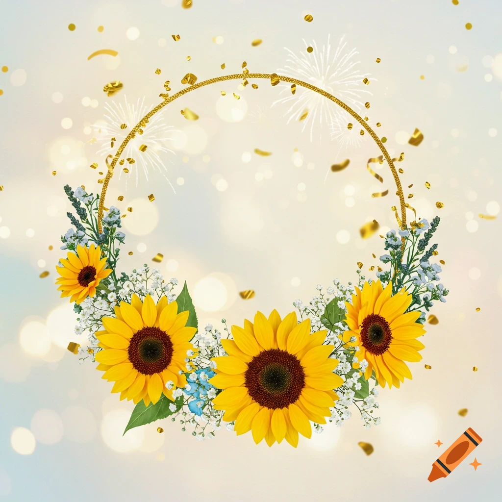 Golden circular floral wreath with sunflowers, small flowers, and green leaves, surrounded by confetti and fireworks on a bokeh background.