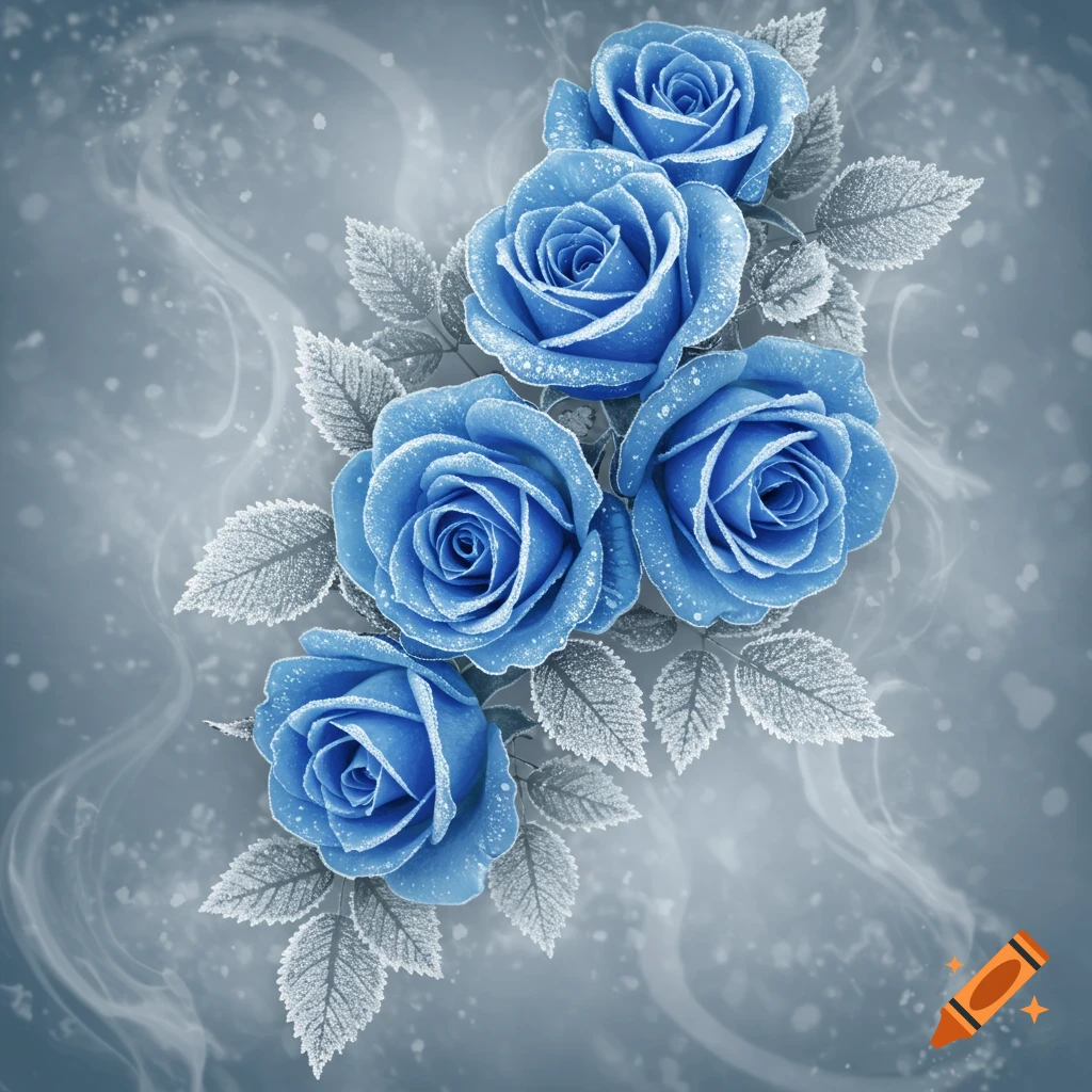 A bouquet of ice blue roses with frosted leaves on a misty grey background.