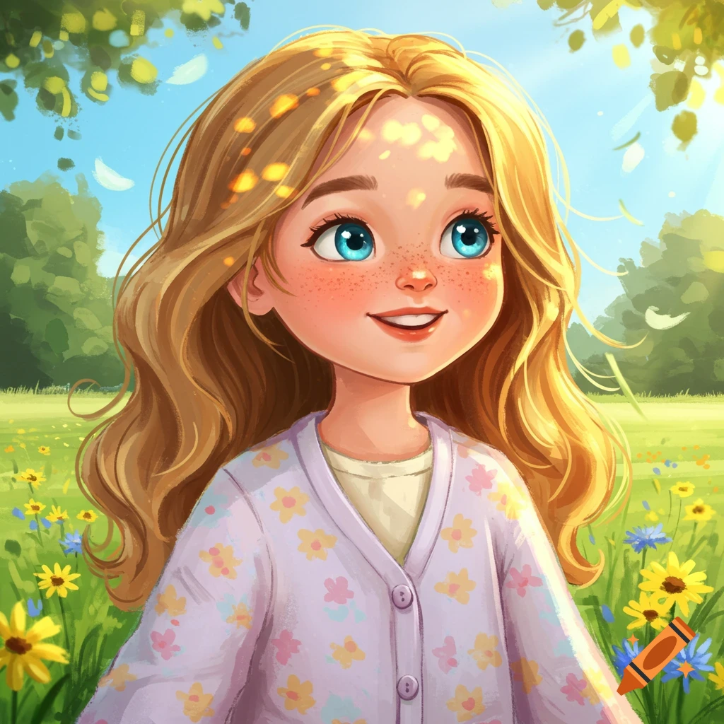A cheerful cartoon girl with blonde hair and blue eyes, freckles, wearing a floral cardigan in a sunny field of wildflowers.