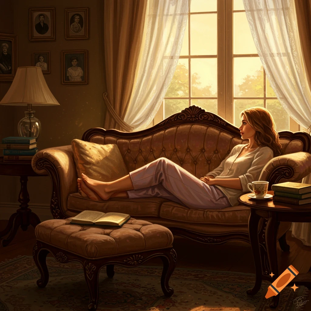 A woman relaxes on a sofa with her bare feet on a stool, looking out a sunlit window in an elegant living room.