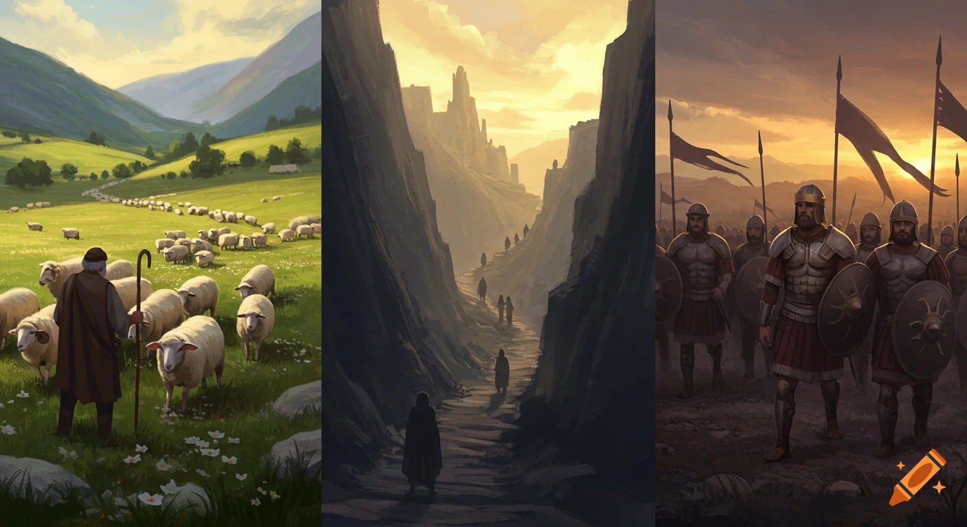 Three digital paintings: shepherd with sheep in a valley, people walking mountain pass, soldiers in armor at sunset.