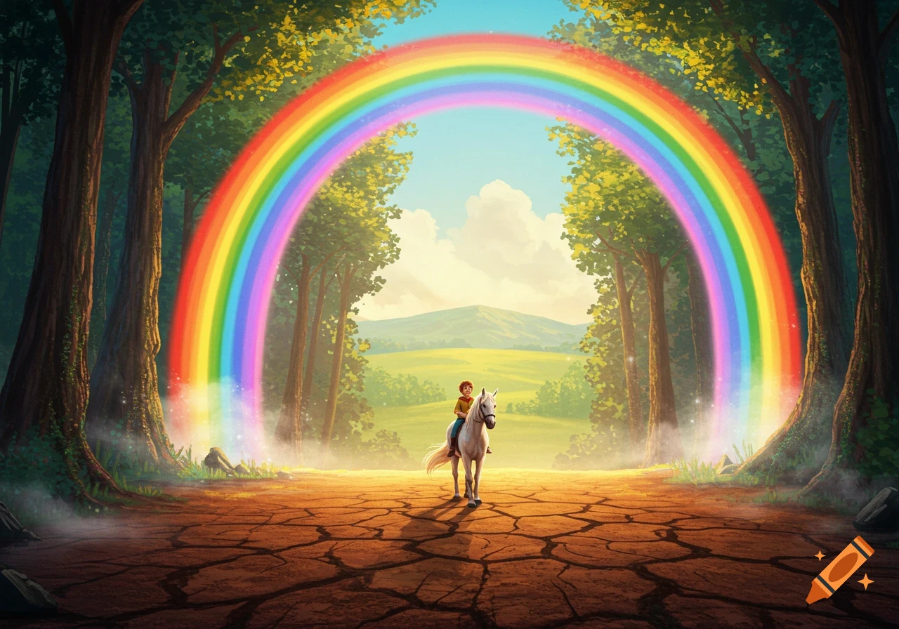 An illustration of a boy riding a white horse through a forest clearing on cracked earth, under a vibrant rainbow.