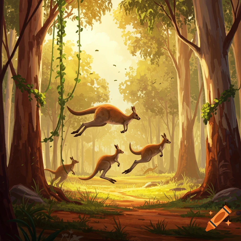 Illustrated scene of several kangaroos jumping through a sunny Australian forest with tall trees and vines.