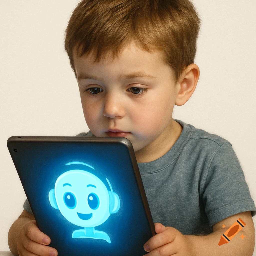 A young child looks intently at a tablet screen displaying a glowing blue AI chat avatar.
