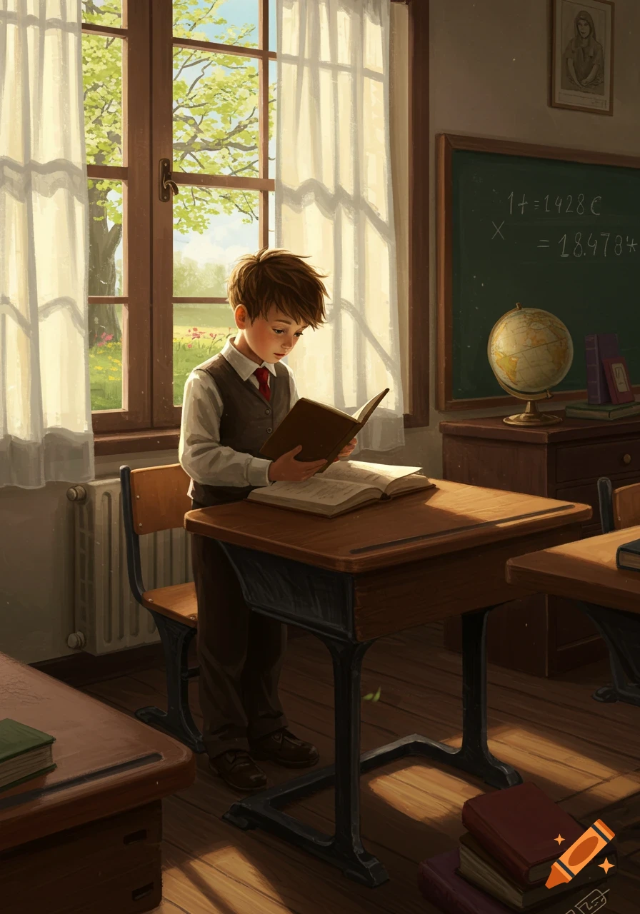 A young boy in a brown vest and white shirt reads a book at a wooden desk in a sunlit classroom, with a blackboard and globe in the background.