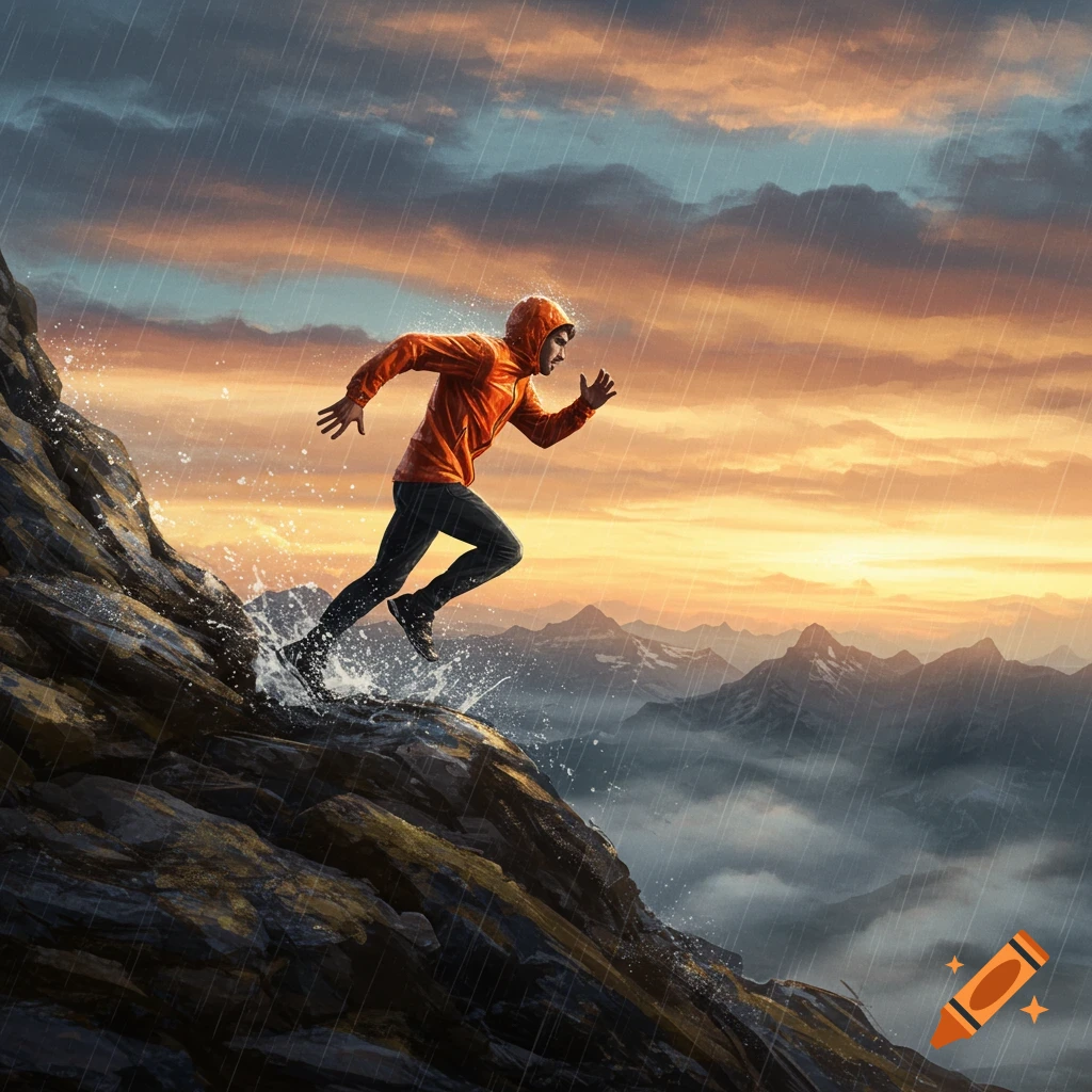 Man in orange jacket runs up a rocky mountain in the rain, with a dramatic orange-blue sky and misty mountains.