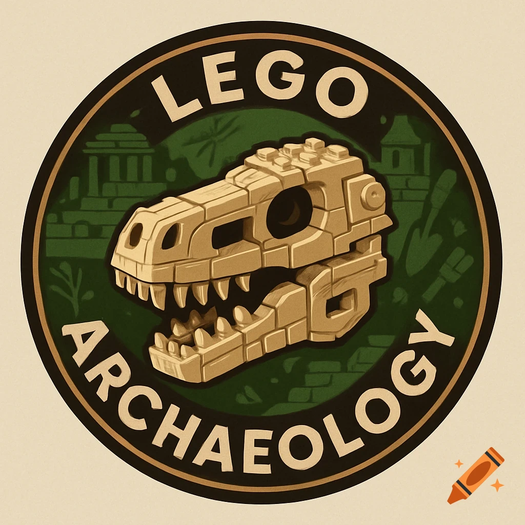 Round logo with a LEGO dinosaur skull, ancient ruins, and tools on a dark green background, with 'LEGO ARCHAEOLOGY' text.