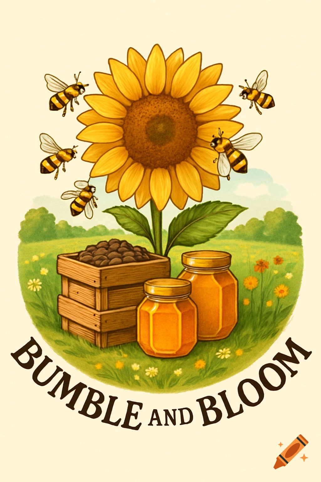 Illustration of a sunflower with honey bees, honey jars, and a wooden crate in a meadow. The text 'BUMBLE AND BLOOM' curves below the scene.