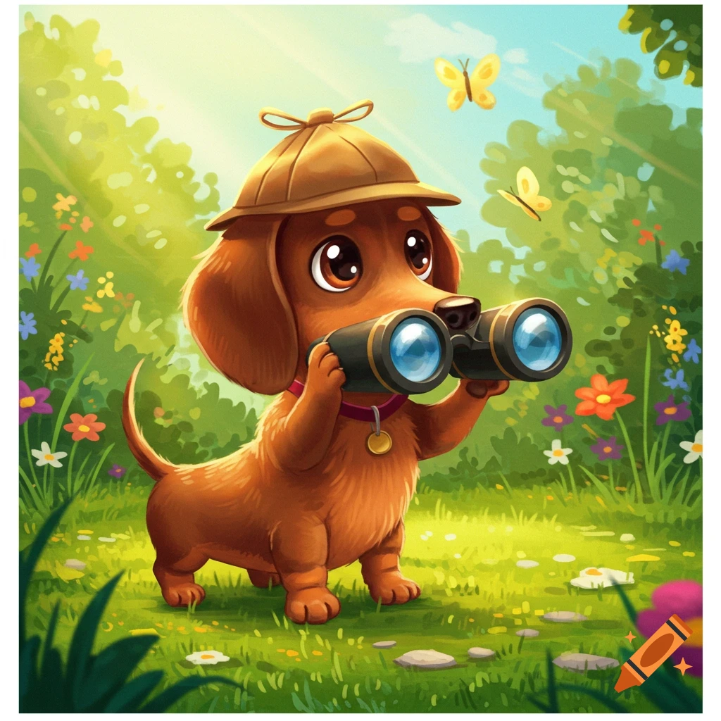 Cute cartoon dachshund puppy wearing an explorer hat and looking through binoculars in a vibrant field of flowers.