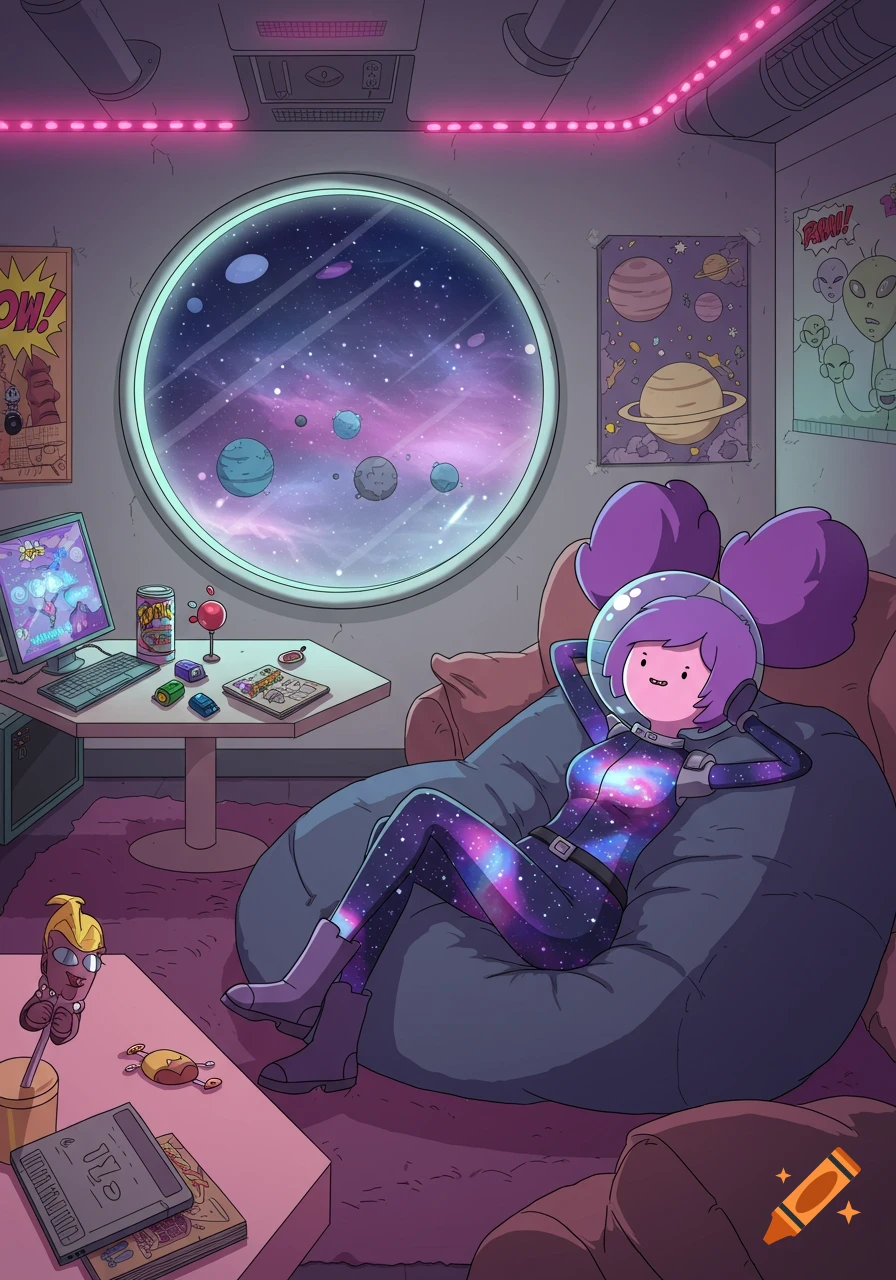 A cartoon space rogue with purple hair lounges in a cozy spaceship, gazing out a window at planets and stars in Adventure Time style.