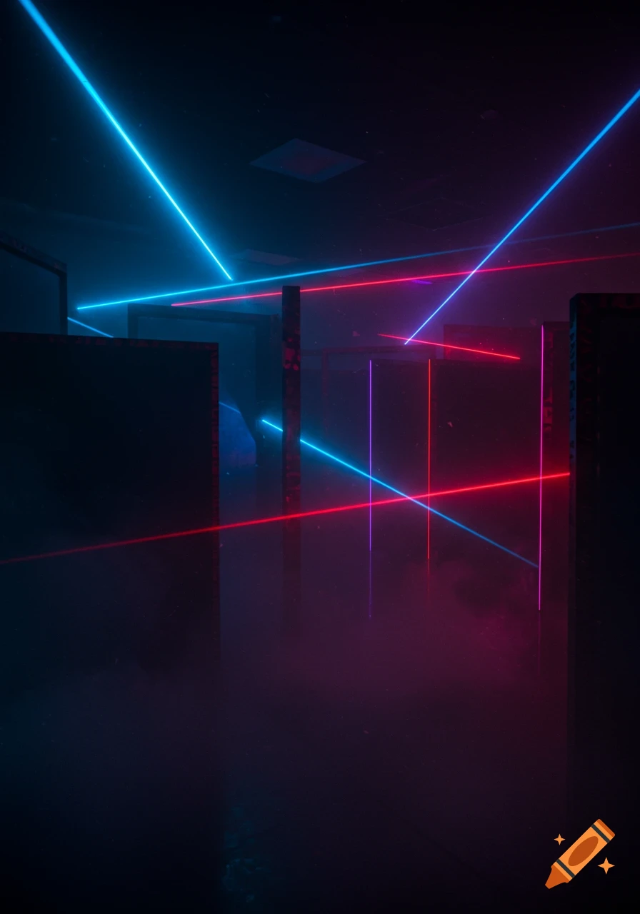 Dark, hazy laser tag arena with crisscrossing blue, red, and purple neon laser beams illuminating structural obstacles.