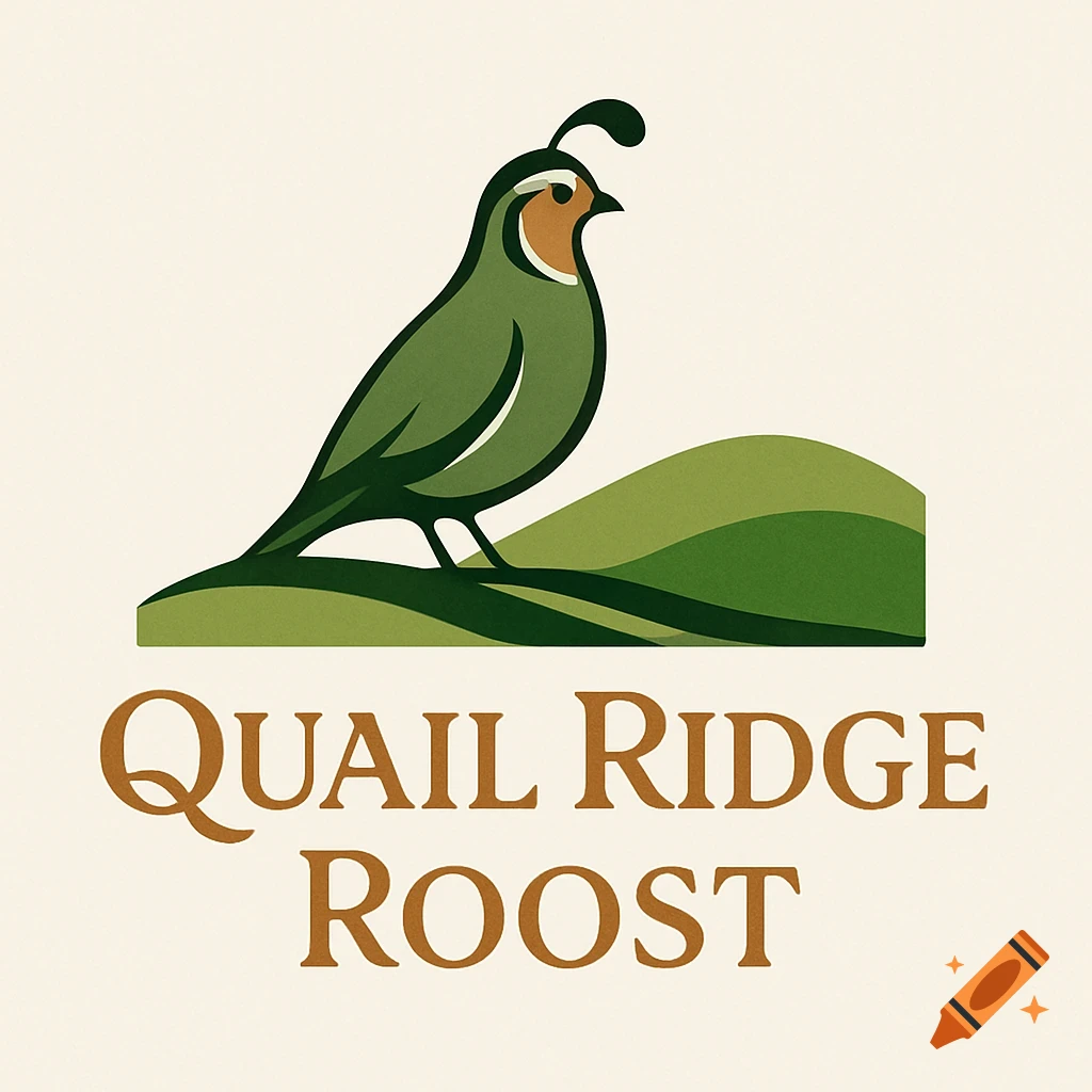 A logo featuring a stylized green quail with an orange face, standing on two green hills, with the text 'Quail Ridge Roost' below.