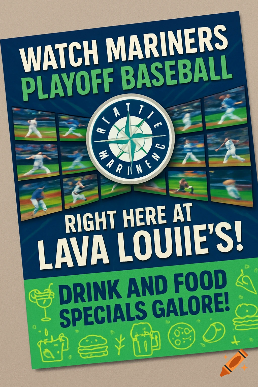 Promotional flyer for watching Mariners playoff baseball at Lava Louiie's, with a compass logo and small action shots.
