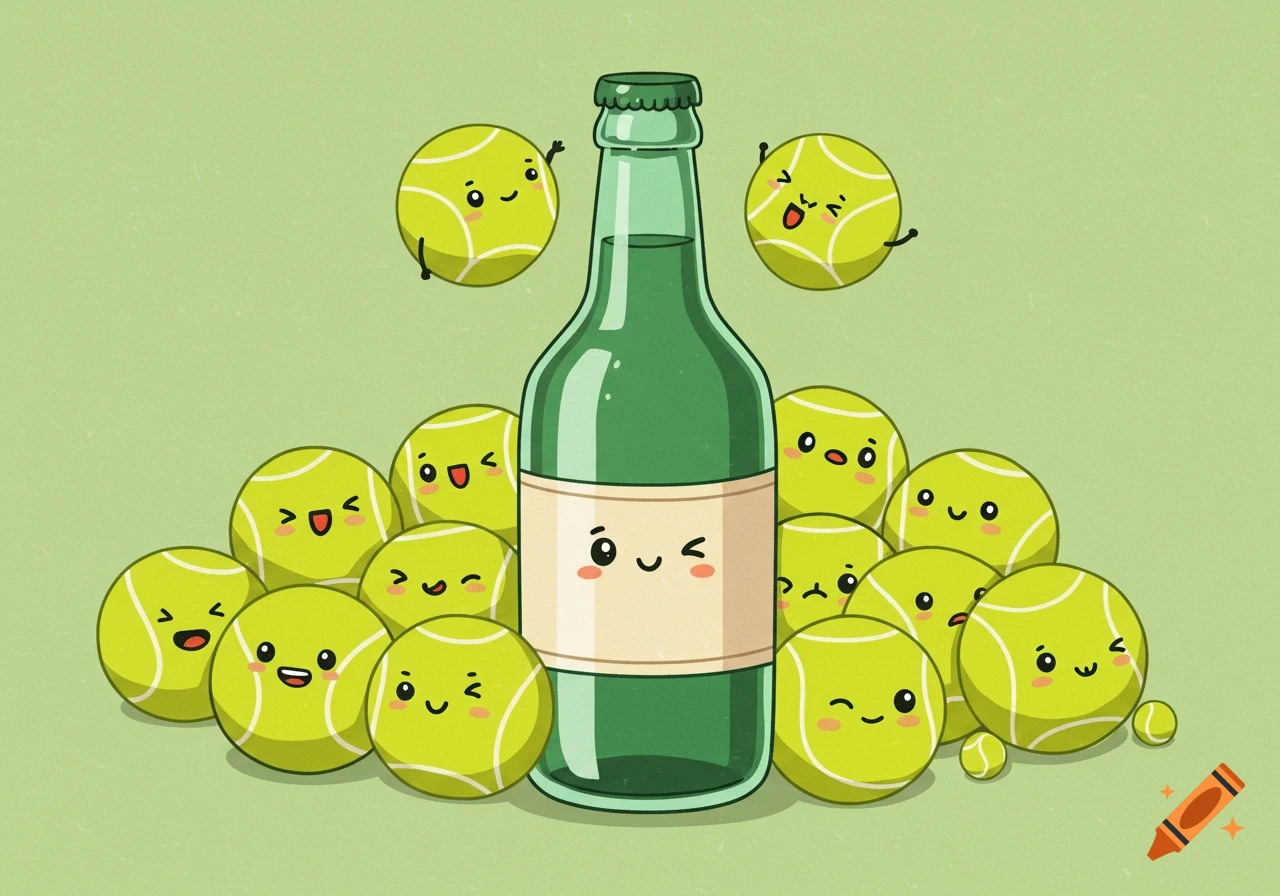 A cute cartoon illustration of a green bottle surrounded by smiling, winking tennis balls on a light green background.