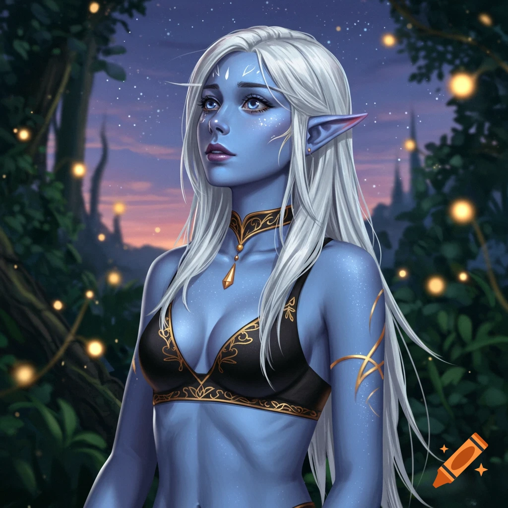 A blue-skinned elf with long white hair wears a black and gold bra, standing in a magical forest at dusk with glowing lights.