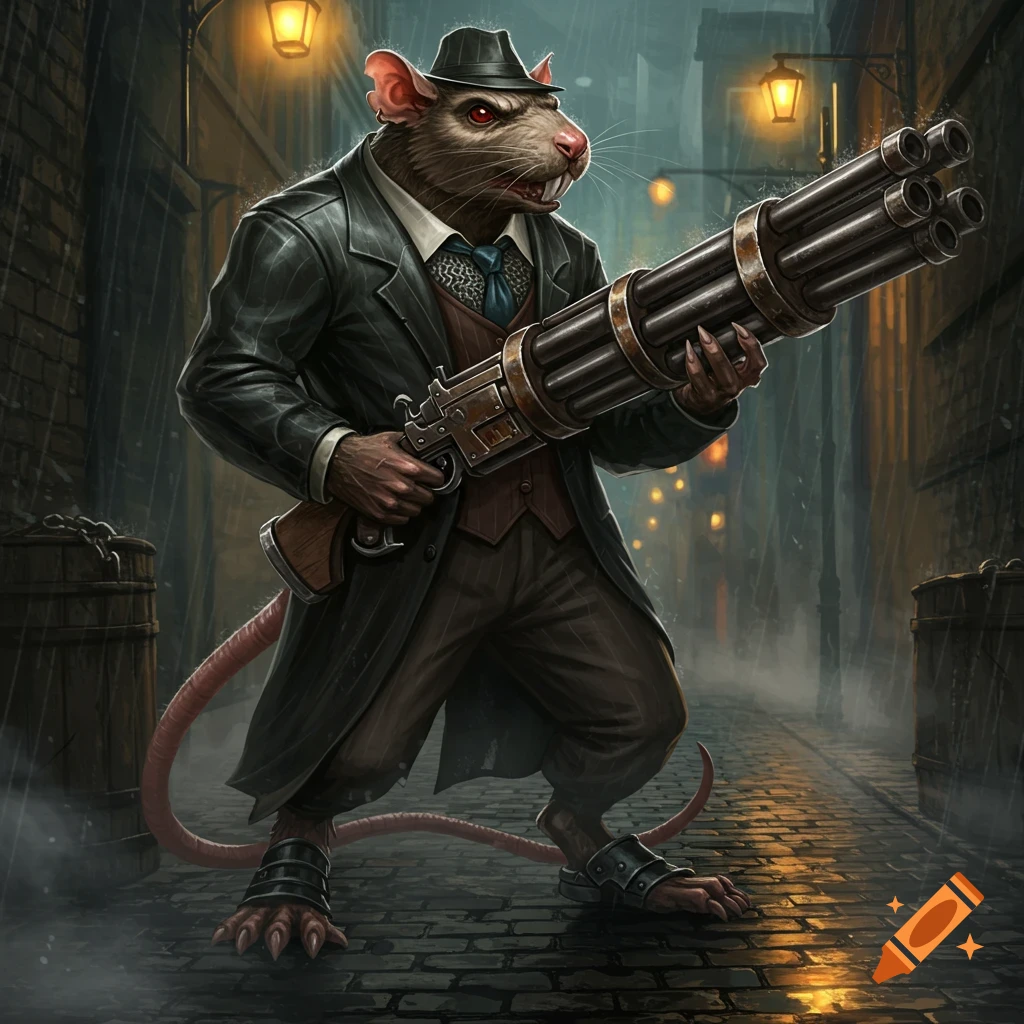 A stylized ratfolk gangster in a trench coat and fedora stands in a dark, rainy alley, holding a large, multi-barreled gun.