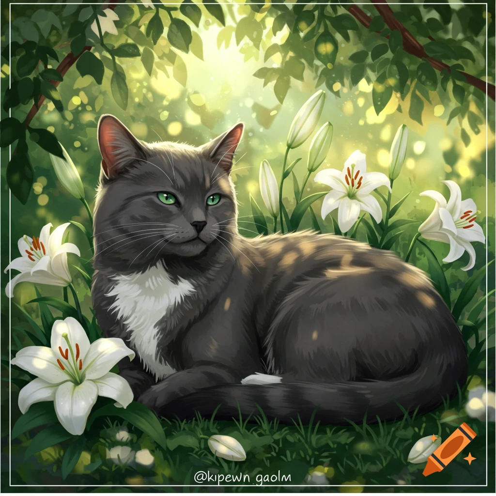 A dark gray cat with green eyes and white chest lounges among white lilies in a sunlit garden, in an illustrated art style.