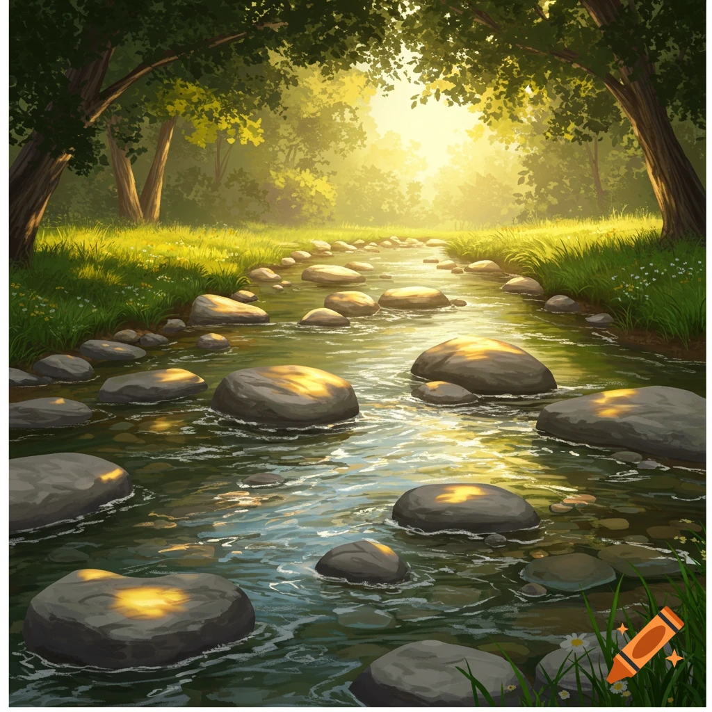 Sunlight streams through trees onto a winding river with stepping stones and green grass, in a stylized illustration.