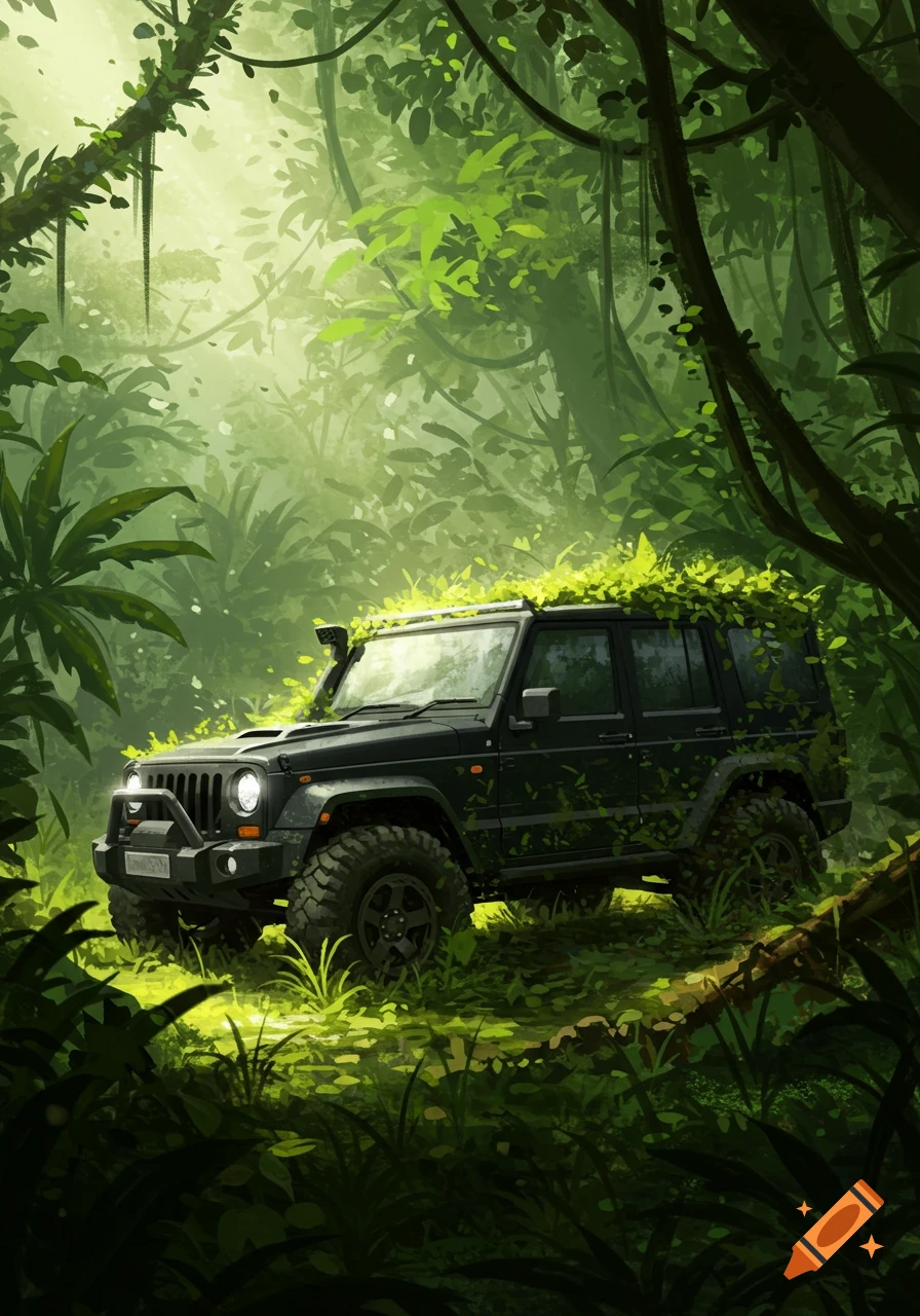 A stylized illustration of a black jeep almost hidden by dense green jungle foliage, with sunlight filtering through.