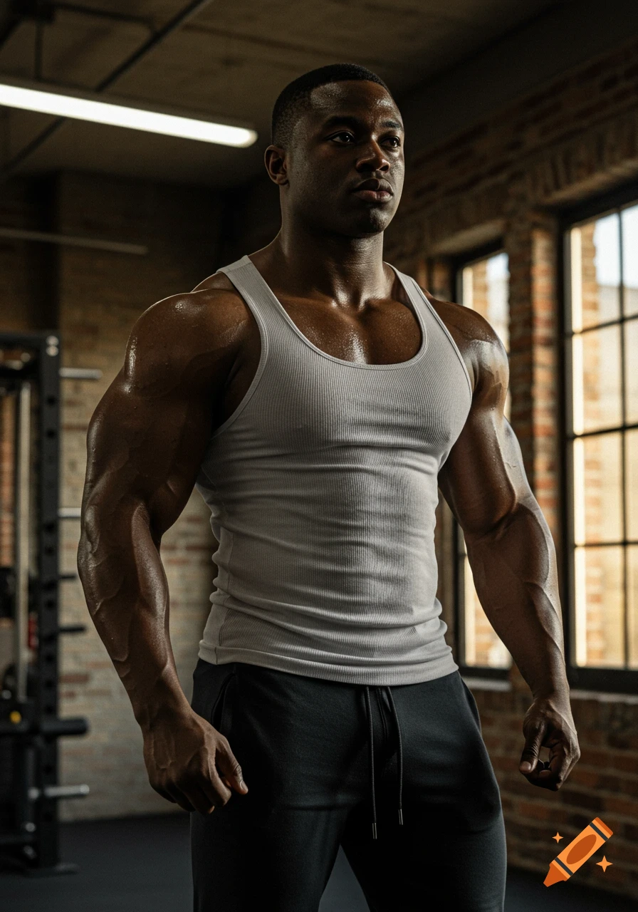 A muscular Black man in a white tank top and black sweatpants stands in a gym, looking fit and sweaty.