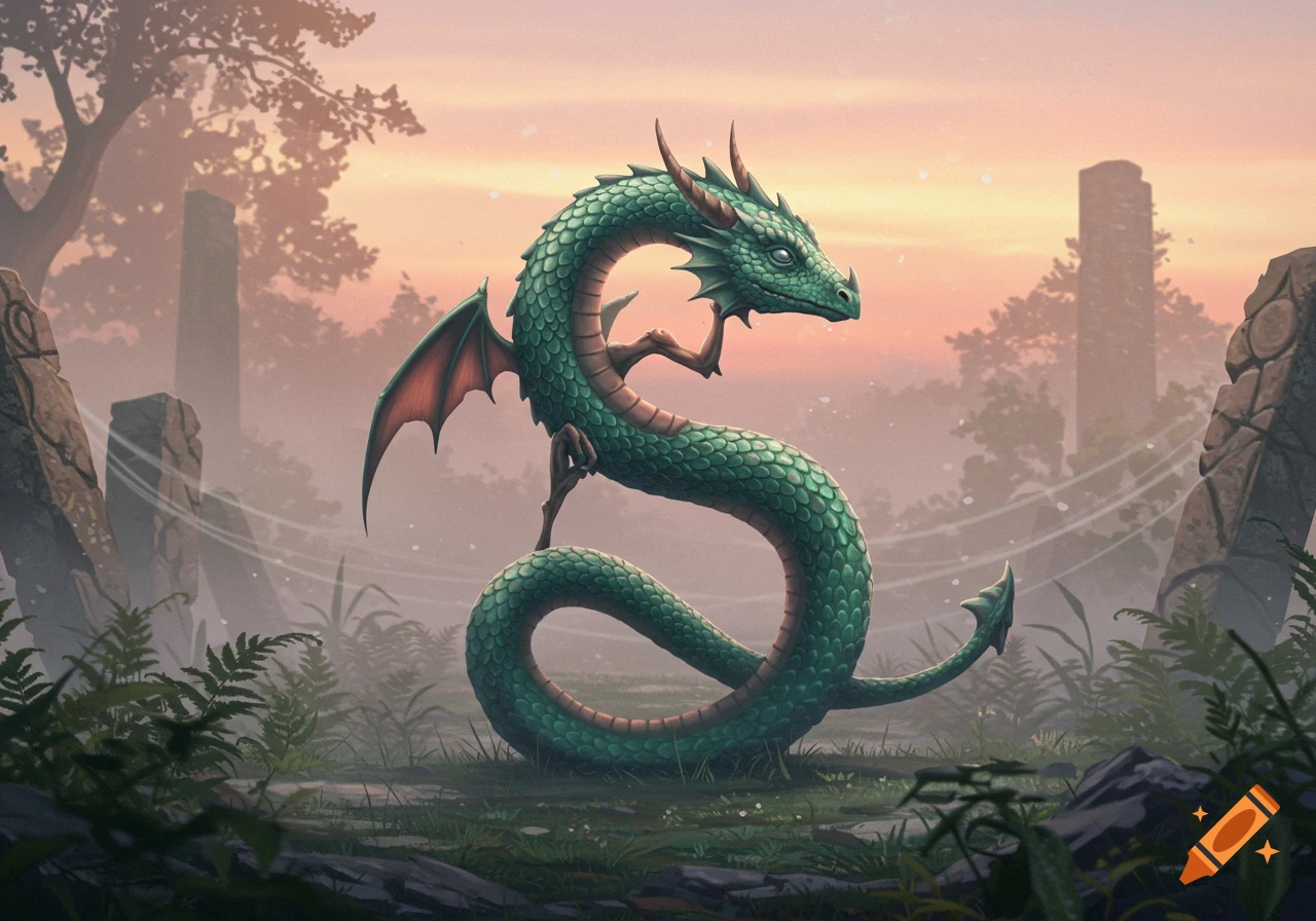 A green S-shaped dragon with small wings and a beefy arm on its neck stands in a misty fantasy forest with ancient stone monoliths.